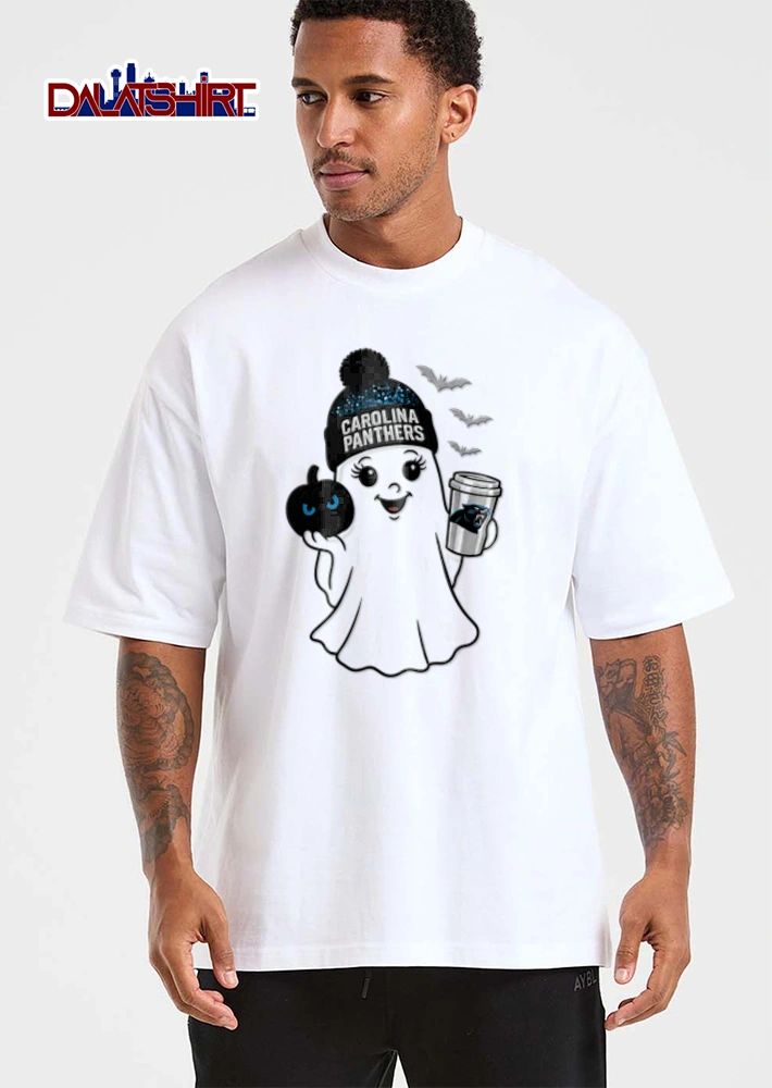 Carolina Panthers ghost wearing beanie holding pumpkin shirt
