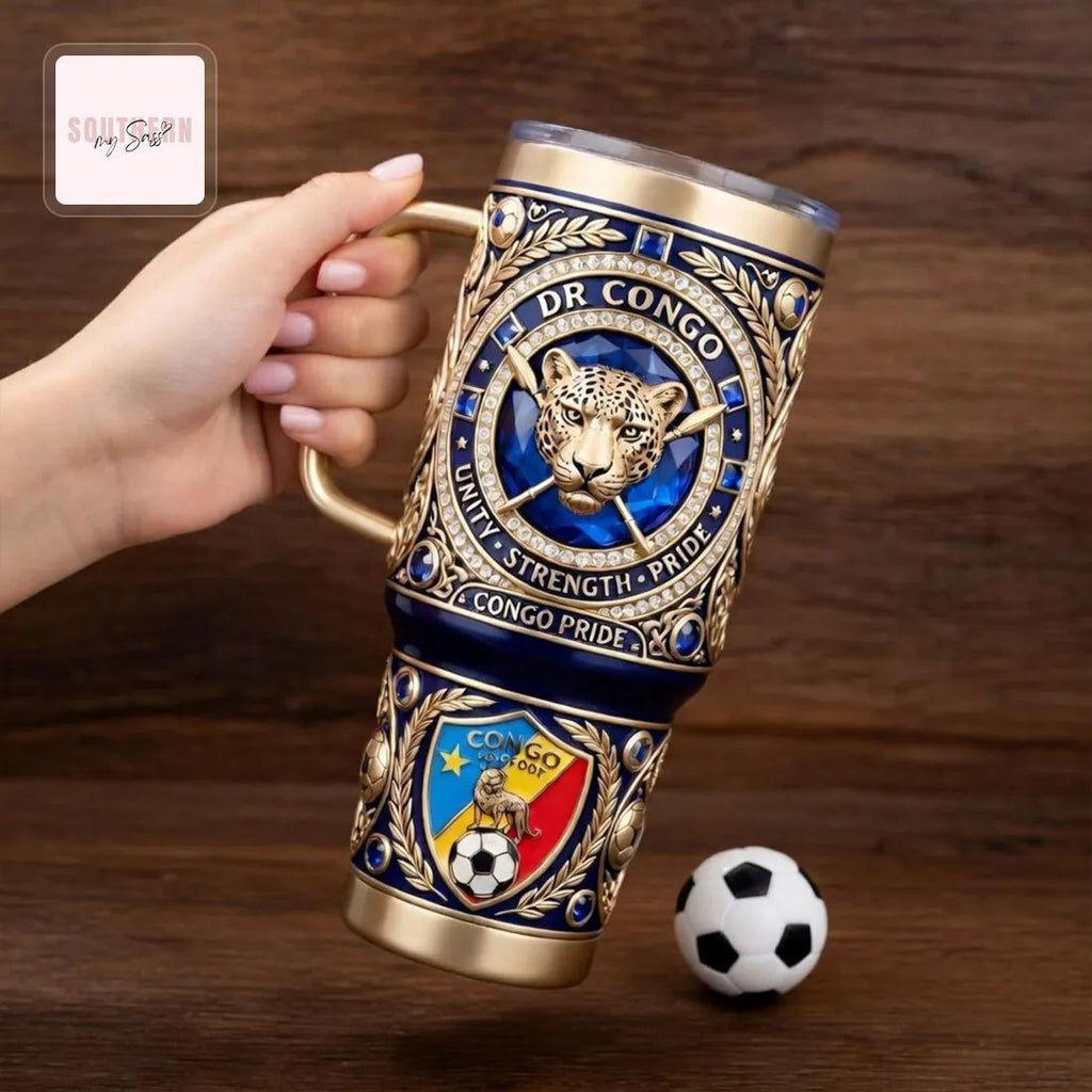 DR Congo Football Premium 3D Gold 40oz Tumbler with Handle