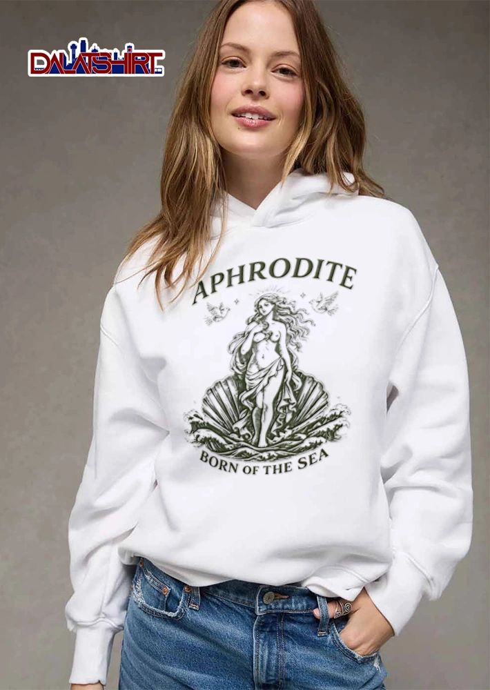 Aphrodite Born Of The Sea goddess standing in seashell doves shirt