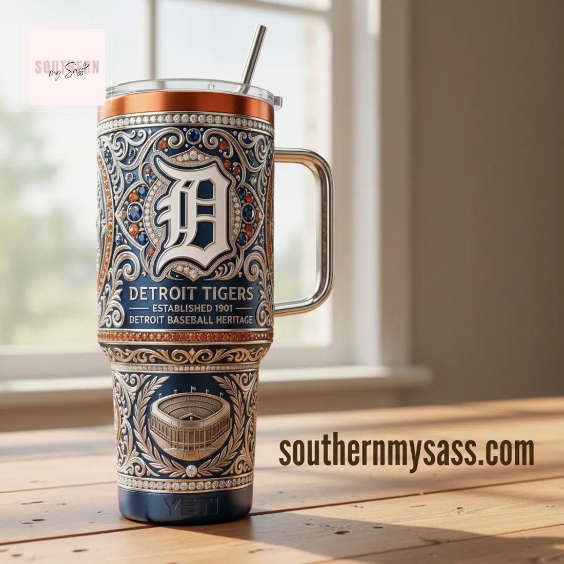 Detroit Tigers Established 1901 Luxury Ornate 40oz Tumbler with Handle