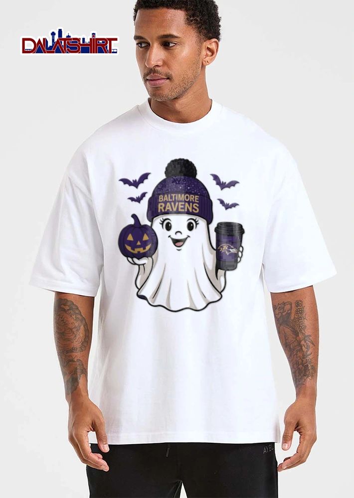 Baltimore Ravens ghost wearing beanie holding pumpkin coffee shirt