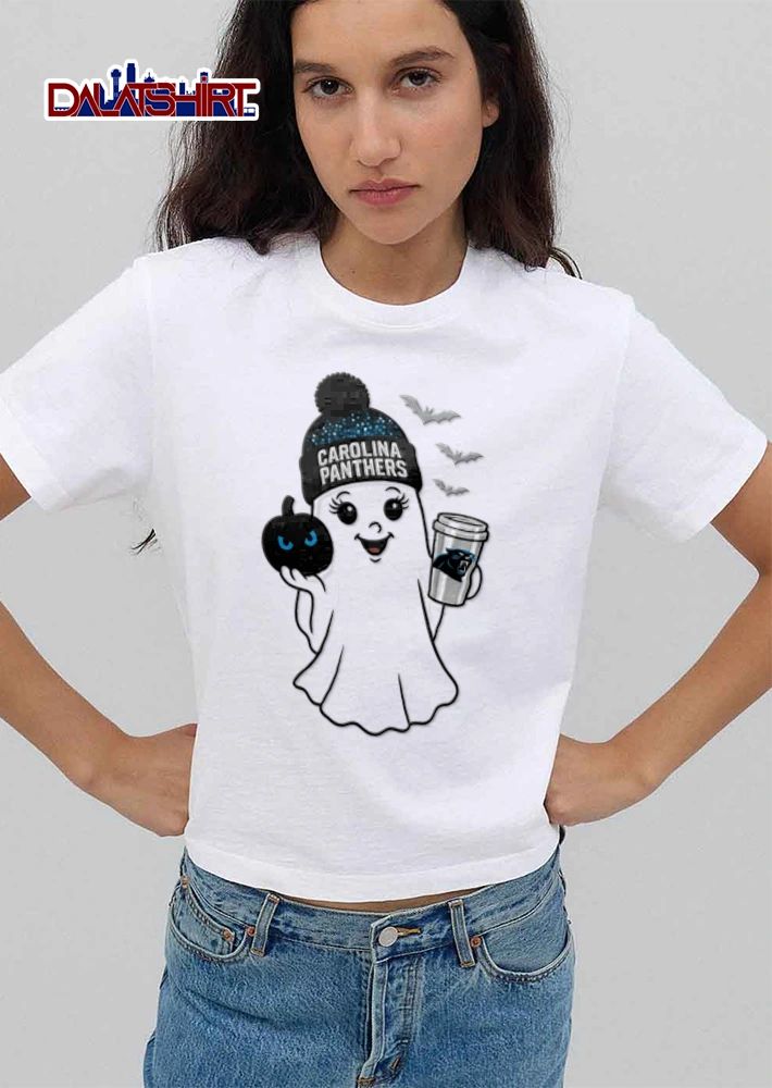 Carolina Panthers ghost wearing beanie holding pumpkin shirt
