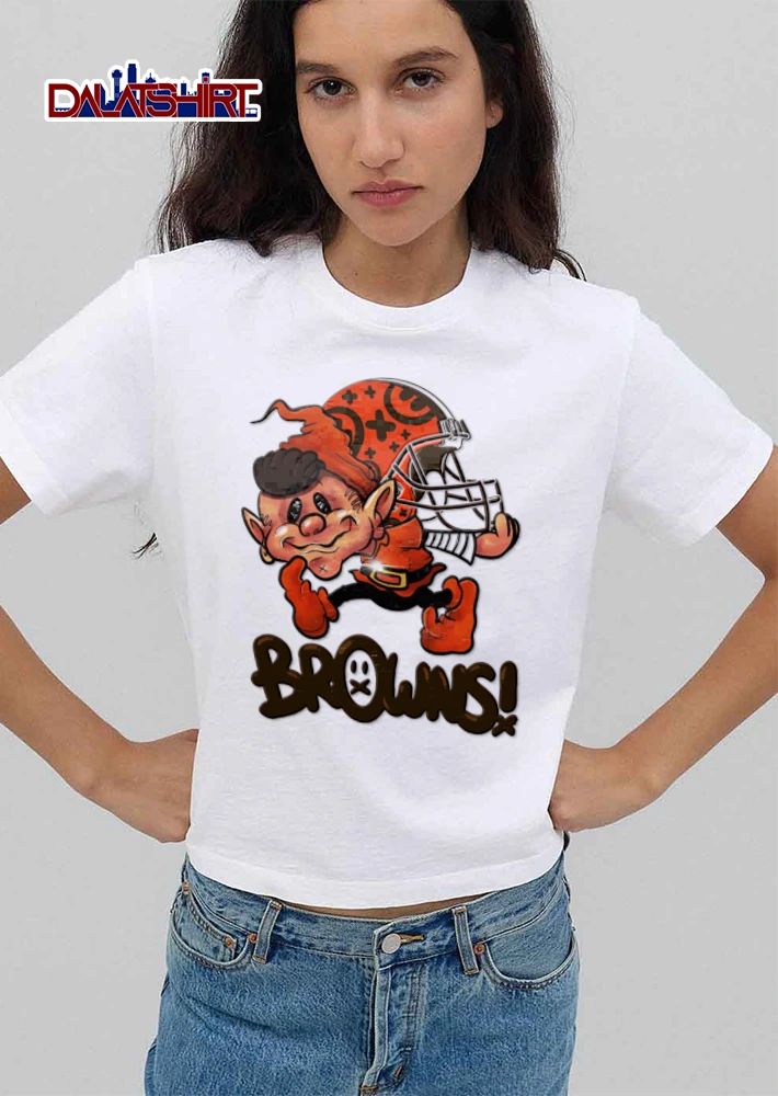Cleveland Browns elf mascot holding football helmet shirt