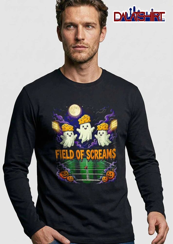 Field OF Screams three ghosts wearing cheese hats football field pumpkins moon bats shirt