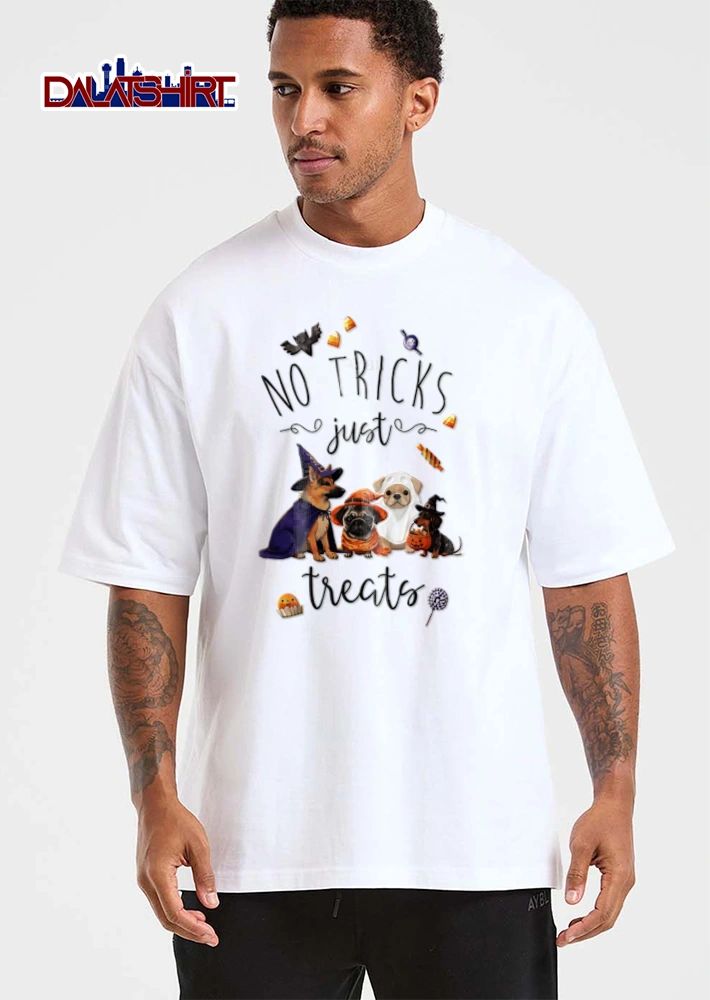 NO Tricks Just Treats four dogs wearing Halloween costumes shirt