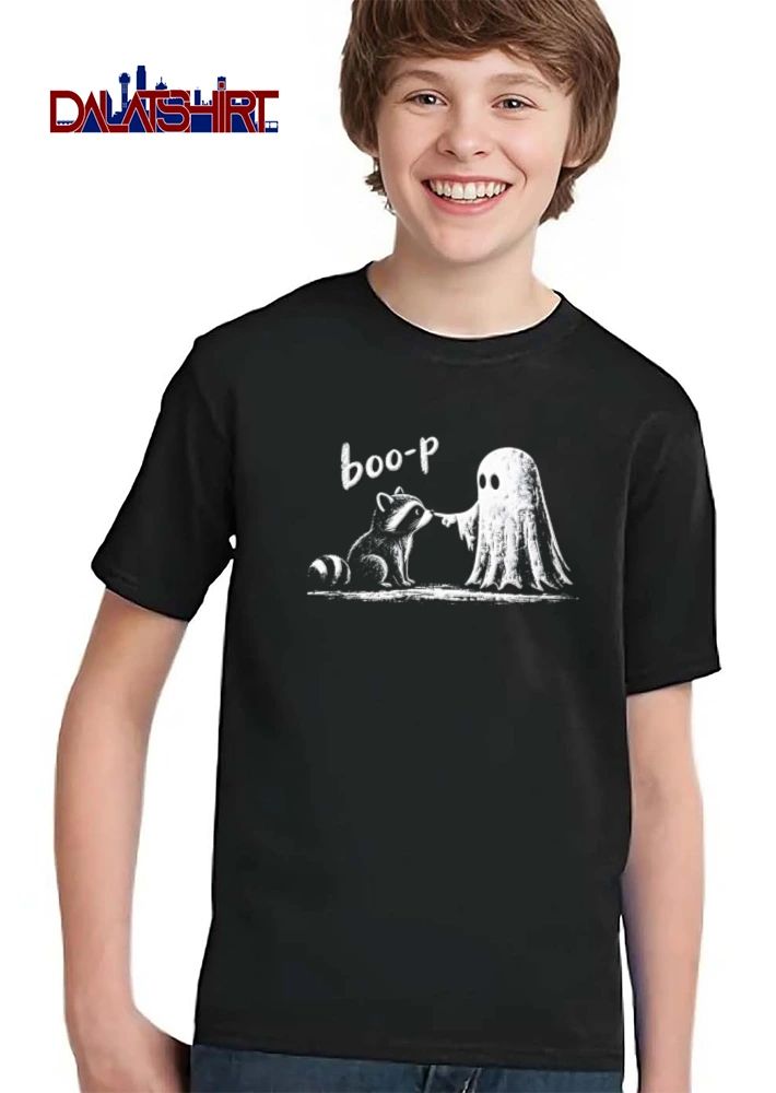 Boo-P ghost touching raccoon nose illustration shirt