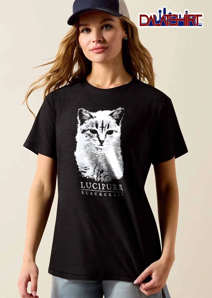Blackcraft Lucipurr white cat inverted cross forehead shirt