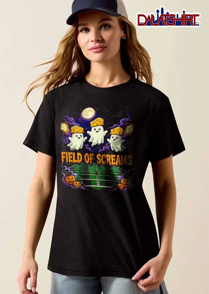 Field OF Screams three ghosts wearing cheese hats football field pumpkins moon bats shirt