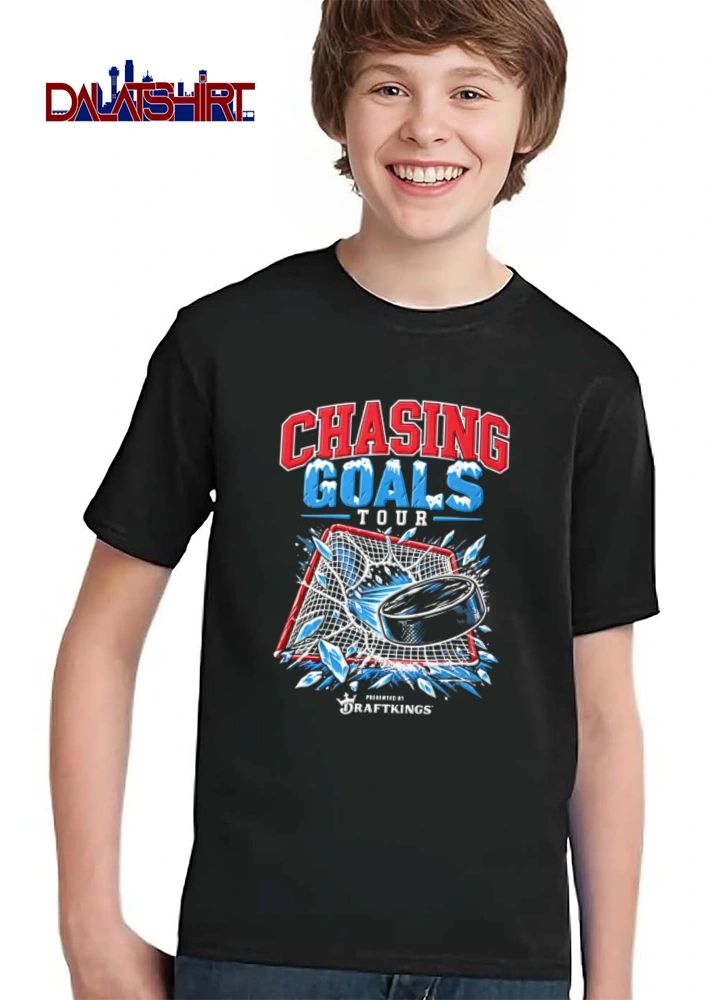 Draftkings Chasing Goals Tour hockey puck crashing into net shirt