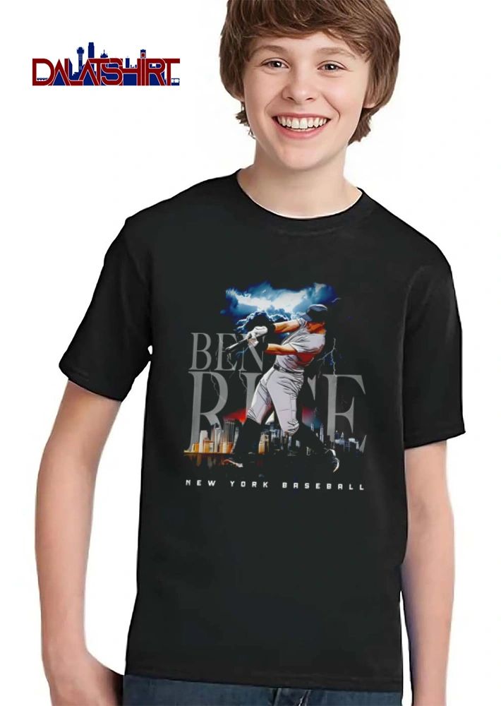 New York Yankees Ben Rice baseball player swinging bat cityscape lightning shirt