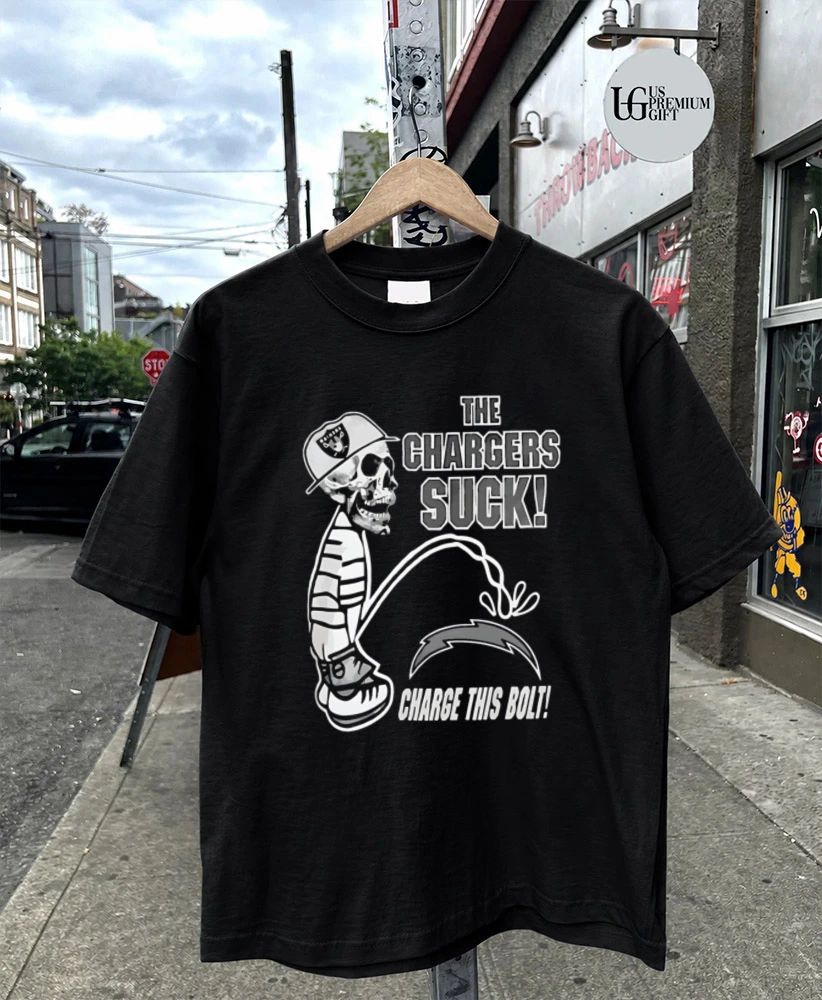 Skeleton Raiders This Chargers Suck peeing on Charge This Bolt shirt