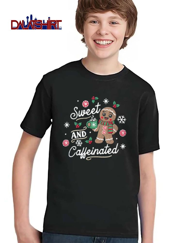Sweet and Caffeinated gingerbread man holding cocoa mug shirt