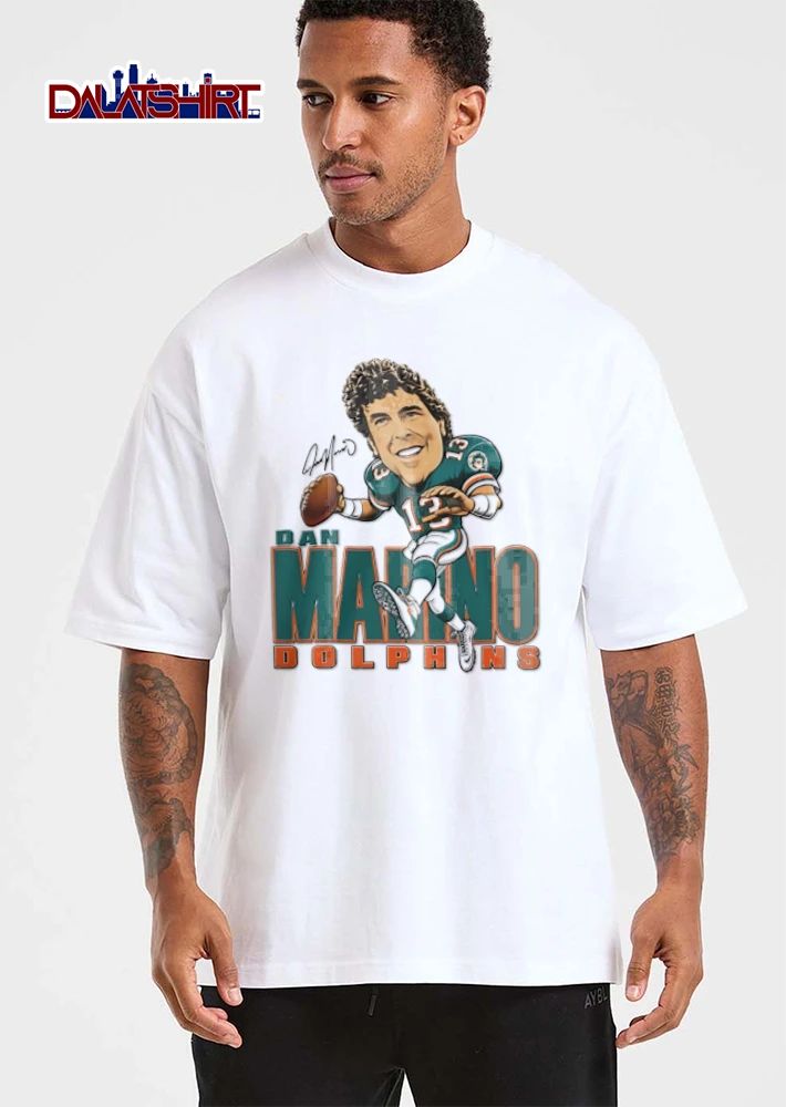 Miami Dolphins Dan Marino caricature throwing football shirt