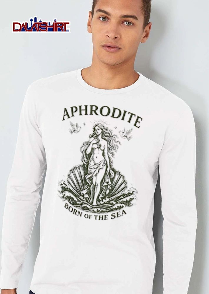 Aphrodite Born Of The Sea goddess standing in seashell doves shirt