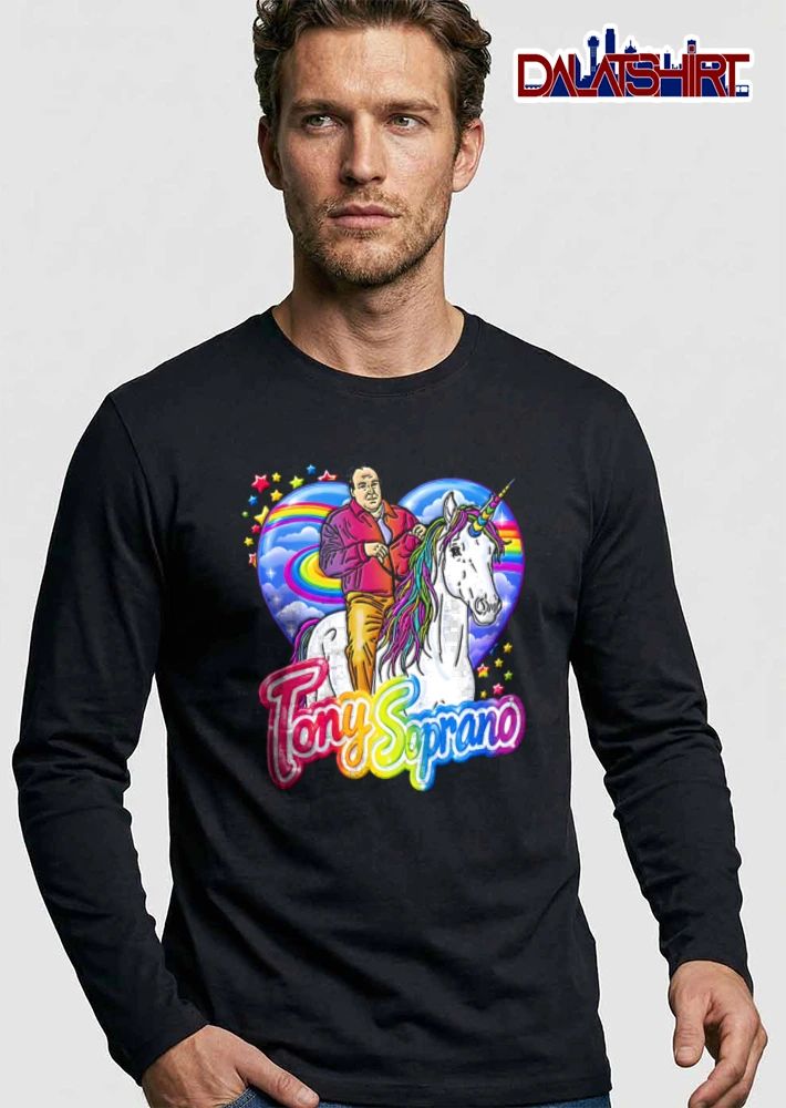 Tony Soprano man riding unicorn rainbow background shirt