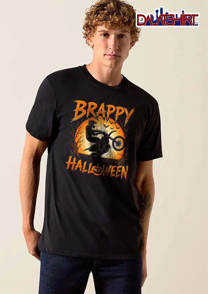 Brappy Halloween motocross rider doing wheelie moon bats shirt