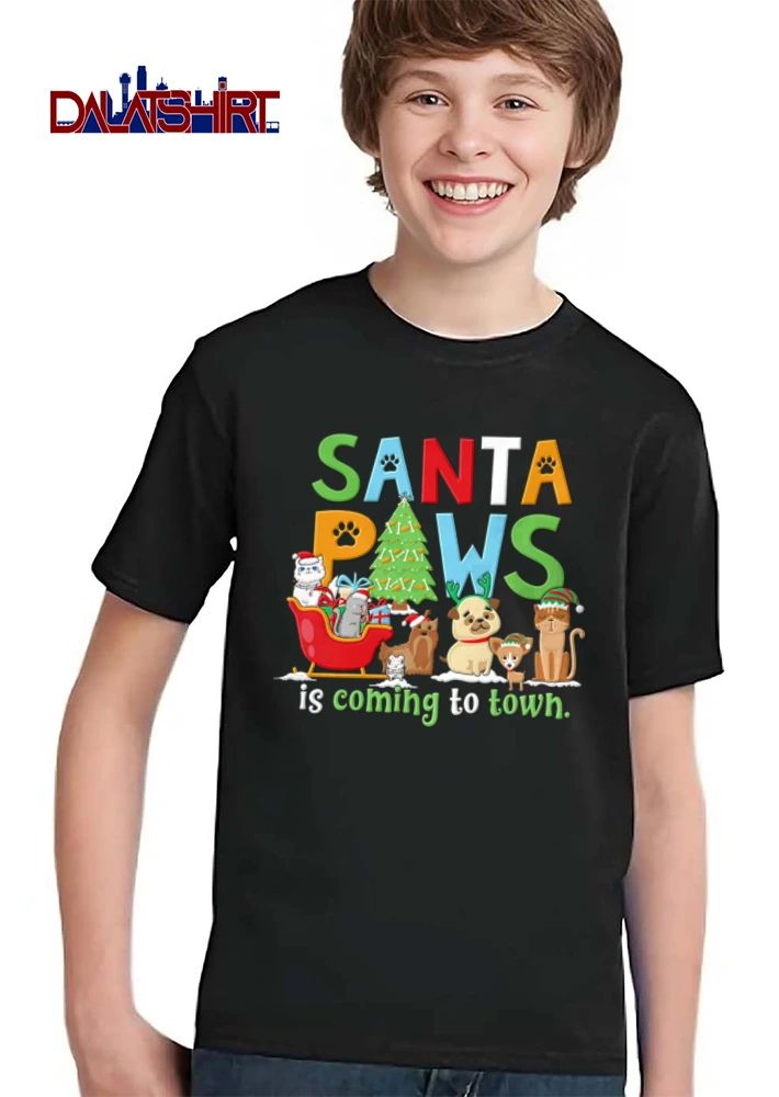 Santa Paws Is Coming To Town cats and dogs wearing holiday accessories shirt