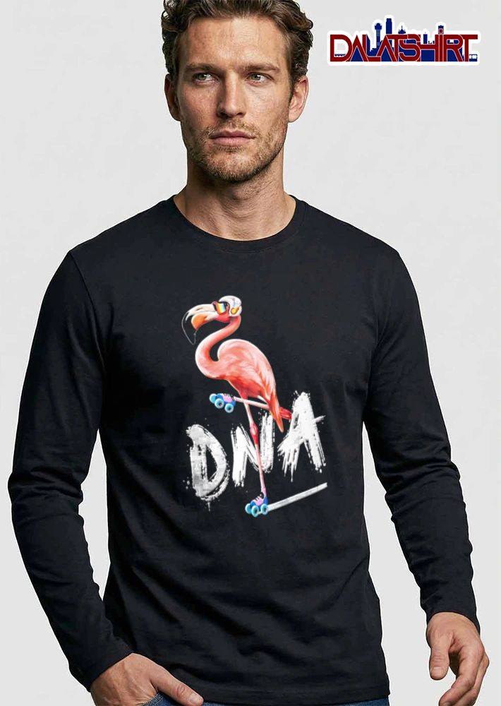 Flamingo wearing headphones rollerblading shirt