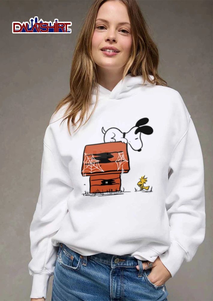 Halloween Peanuts dog on roof spiderwebs bird shirt