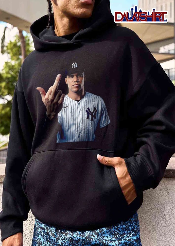 New York Yankees Juan Soto man wearing pinstripe jersey middle finger shirt