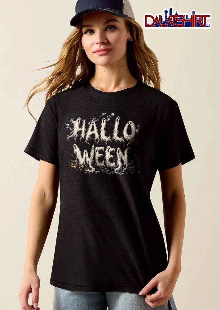 Ghostly letters pumpkins bats dark shirt