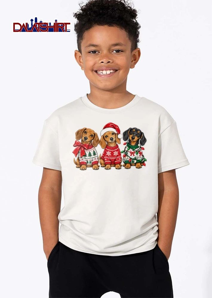 Christmas three dachshunds wearing Christmas sweaters shirt