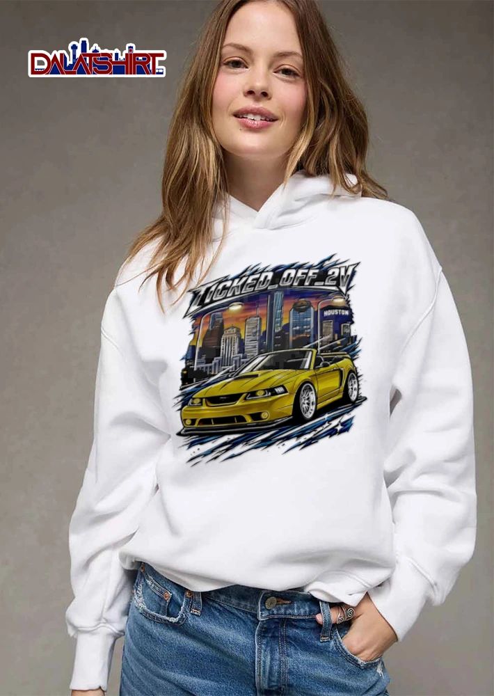 Ticked OFF 2V yellow ford mustang convertible houston skyline shirt