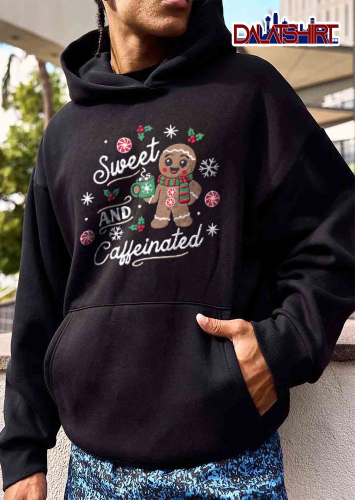 Sweet and Caffeinated gingerbread man holding cocoa mug shirt