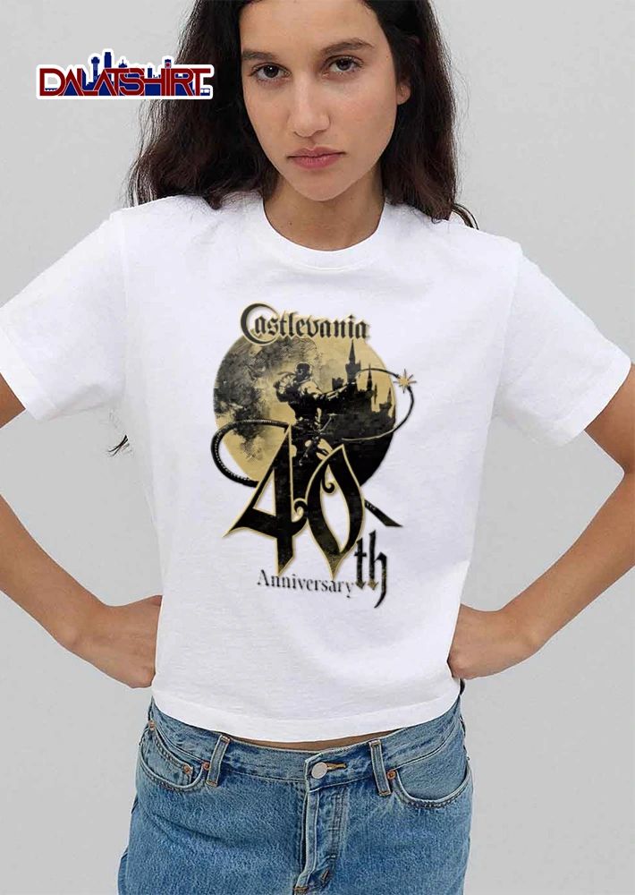 40th Castlevania warrior holding whip before castle shirt