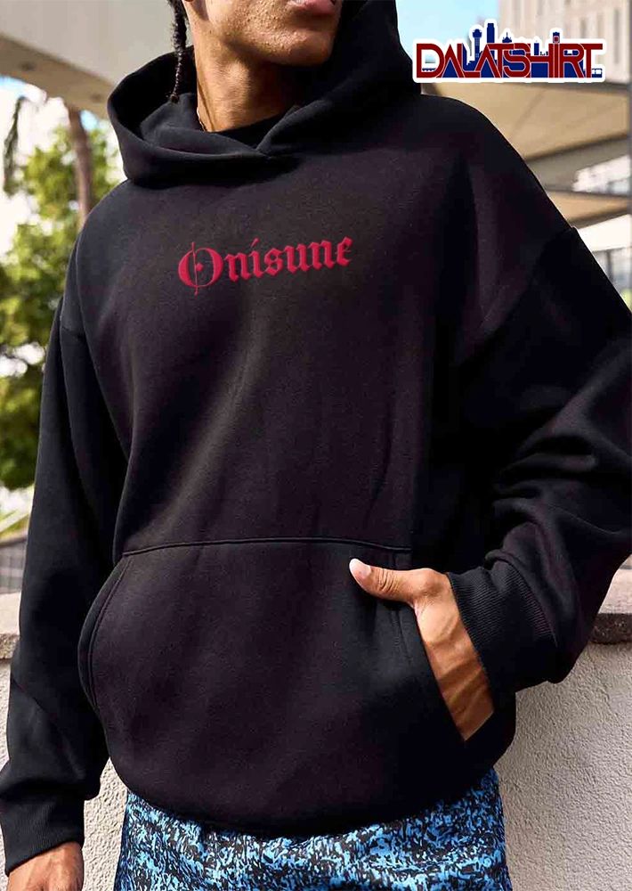 Onisune red gothic lettering black background shirt