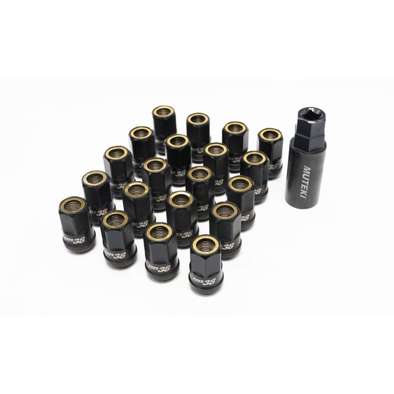 Muteki – HR38 Open Ended Steel Lug Nuts – 12×1.5mm – Black Chrome / Yellow Ring