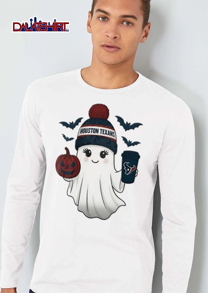 Houston Texans ghost wearing beanie holding pumpkin coffee shirt