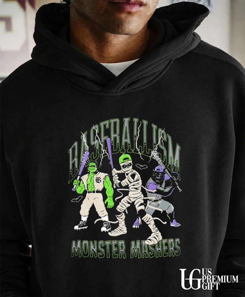Monster Mashers frankenstein mummy werewolf holding bats shirt