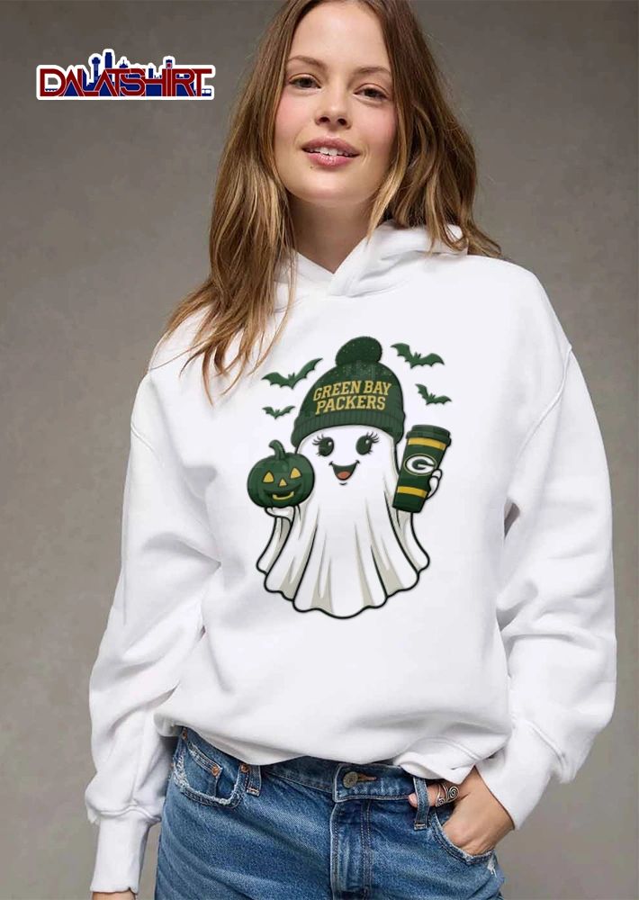 Green Bay Packers ghost wearing beanie holding pumpkin shirt